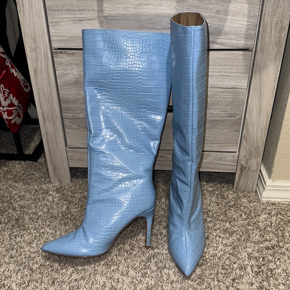 PrettyLittleThing Blue Faux Crocodile Boots